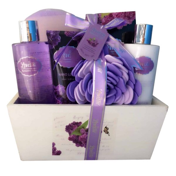 Spa Gift Basket with Lavender Fragrance and Lilac Color - Bath and Body Set Includes Shower Gel, Body Lotion, Hand Lotion, Bath Salt, Flower Sponge an