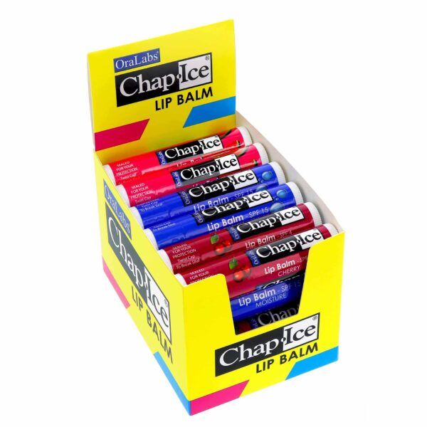 Chap-Ice? | Premium and Traditional Lip Balm for Chapped, Dry, or Windburned Lips | 3 Flavor Assorted Display - Cherry SPF-4, Moisture SPF-15, Waterme