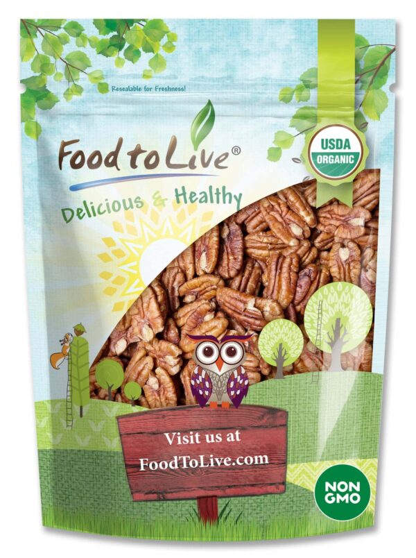 Food to Live Organic Pecan Halves, 3 Pounds ? Non-GMO, Kosher, Raw Pecan Nuts, Unsalted, Vegan, Kosher, Shelled, Sirtfood, Bulk. Good source of Calciu