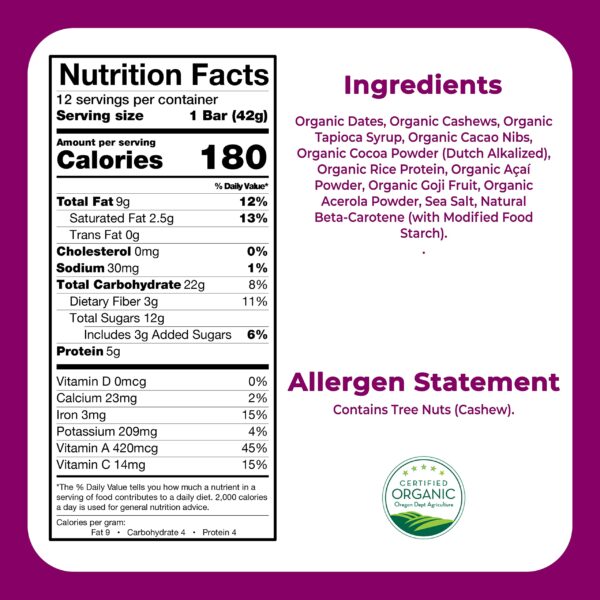 Just Great Stuff Organic Protein Bars | Delicious Superfood Bars w/Cacao Nibs & Berries | Gluten Free, Vegan, Non GMO | Organic Snacks for Kids & Adul - Image 6