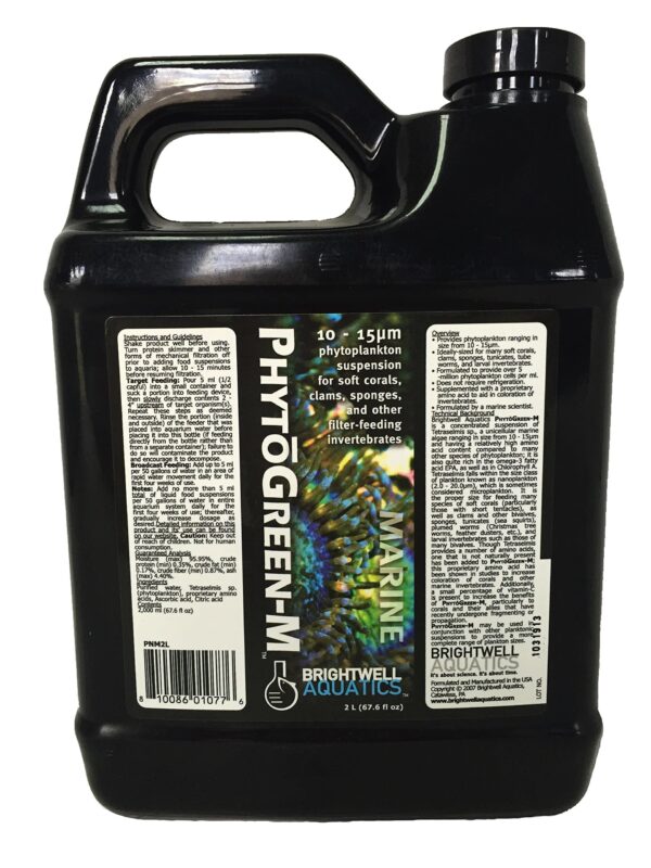 Brightwell Aquatics PhytoGreen-M, 10 - 15 micron phytoplankton suspension for soft corals, clams, sponges, & other filter-feeders, 2 Liter