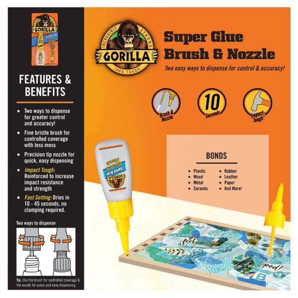 Gorilla Super Glue with Brush & Nozzle Applicator, 10 Gram, Clear, (Pack of 6) - Image 2