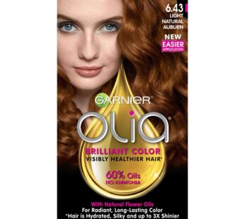 Garnier Olia Ammonia Free Permanent Hair Color, 100% Gray Coverage (Packaging May Vary), 6.43 Light Natural Auburn, Red Hair Dye, Pack of 1