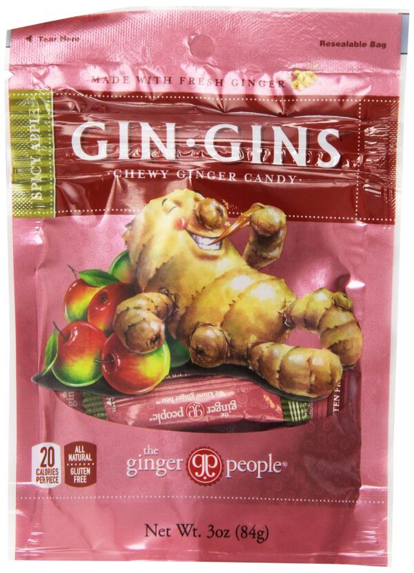 GIN GINS Apple Chewy Ginger Candy by The Ginger People - Anti-Nausea and Digestion Aid, Individually Wrapped Healthy Candy ? Spicy Apple Flavor, 3 oz