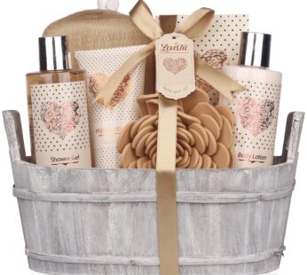Spa Gift Basket ? Bath and Body Set with Vanilla Fragrance by Lovestee – Gift Basket Includes Shower Gel, Body Lotion, Hand Lotion, Bath Salt, Eva Spo