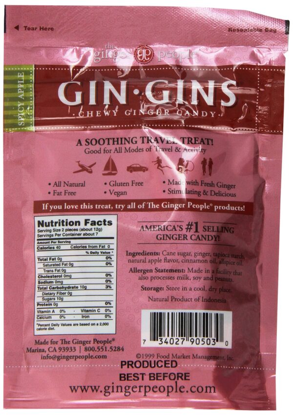 GIN GINS Apple Chewy Ginger Candy by The Ginger People - Anti-Nausea and Digestion Aid, Individually Wrapped Healthy Candy ? Spicy Apple Flavor, 3 oz - Image 2