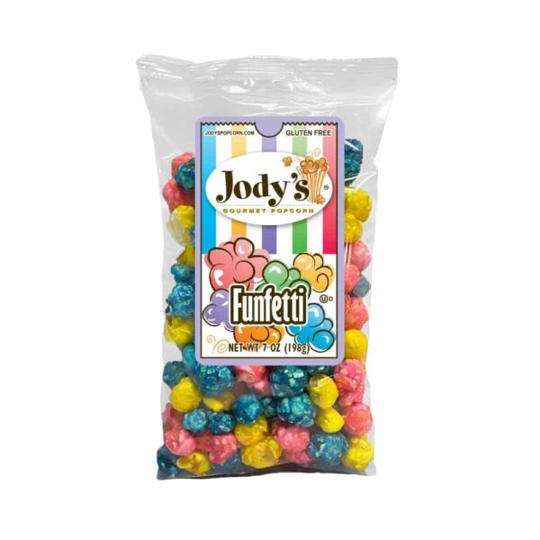 Jody's Gourmet Popcorn Funfetti, 7 Ounce. Decadent, Indulgent, Colorful, Rich candy coated popcorn. Gluten Free, Kosher Certified, Non-GMO, Made in USA, Packaging May Vary