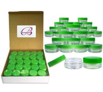 (100 Pieces Jars + Lid) Beauticom 3G/3ML Round Clear Jars with Green Screw Cap Lids for Scrubs, Oils, Toner, Salves, Creams, Lotions, Makeup Samples, Lip Balms – BPA Free