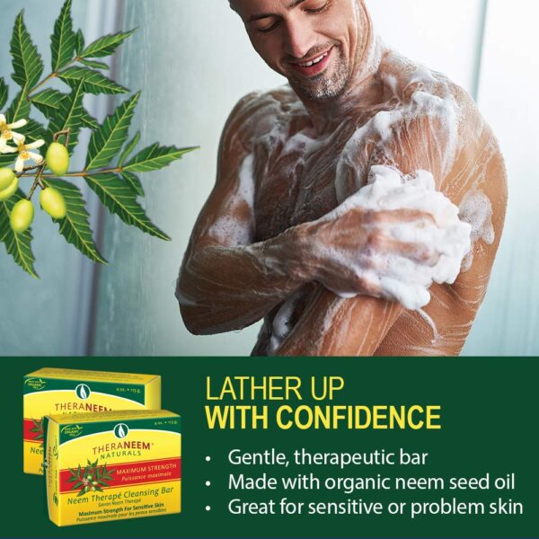 TheraNeem Neem Therape Cleansing Bar, Maximum Strength | Neem Oil Soap for Sensitive Skin | Soothes & Hydrates | 4oz - Image 3