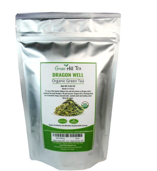 Organic Dragon Well, a classic Chinese Green tea distinguished by its color, shape and taste- 4 OZ Bag - Image 3