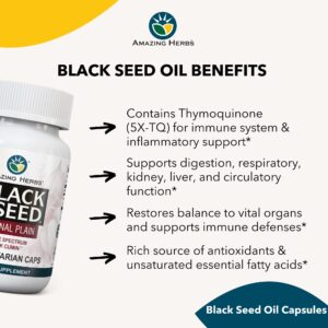 Amazing Herbs Whole Spectrum Black Seed Original Plain, Vegetarian Capsules - Gluten Free, Non GMO, Cold Pressed Nigella Sativa Aids in Digestive Health - 100 Count, 475mg - Image 4