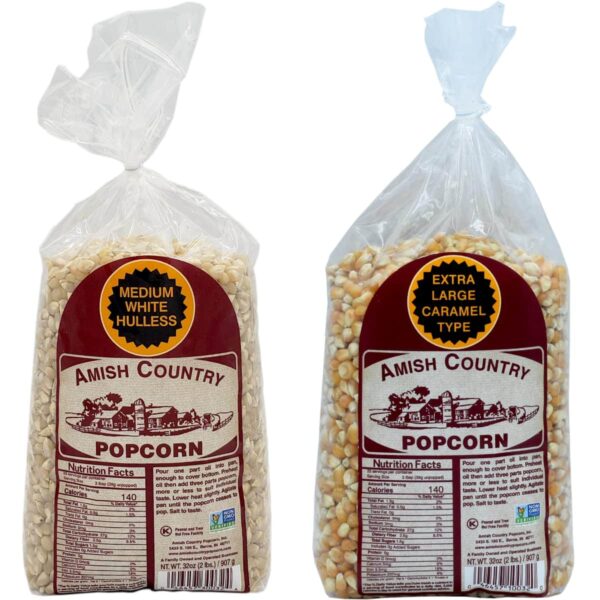 Amish Country Popcorn | 2-2 lb Bags | 2 lb Medium White and 2 lb Extra Large Caramel Type Popcorn Kernels Bundle | Old Fashioned, Non-GMO and Gluten Free