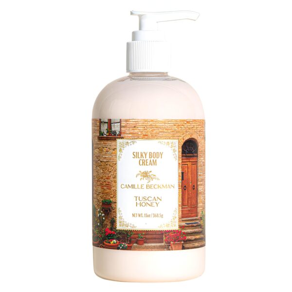 Camille Beckman Tuscan Honey Scented Silky Body Cream, Daily Moisturizer for All Skin Types | Non-Greasy Vegan Formula to Nourish and Soften Hands and Body, 13 Ounce