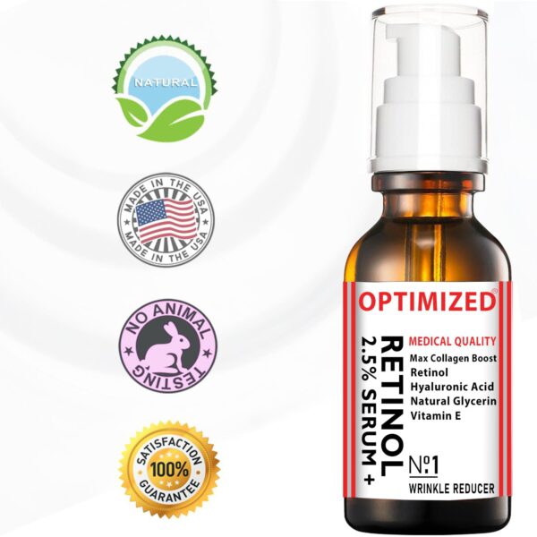 Retinol Serum 2.5% with Hyaluronic Acid, Glycerin, Vitamin E - Reduce Wrinkles, Fine Lines, Even Skin Tone, Sun Spots, Age Spots - Boost Collagen Production 1 fl oz - OPTIMIZED LAB Guaranteed - Image 5