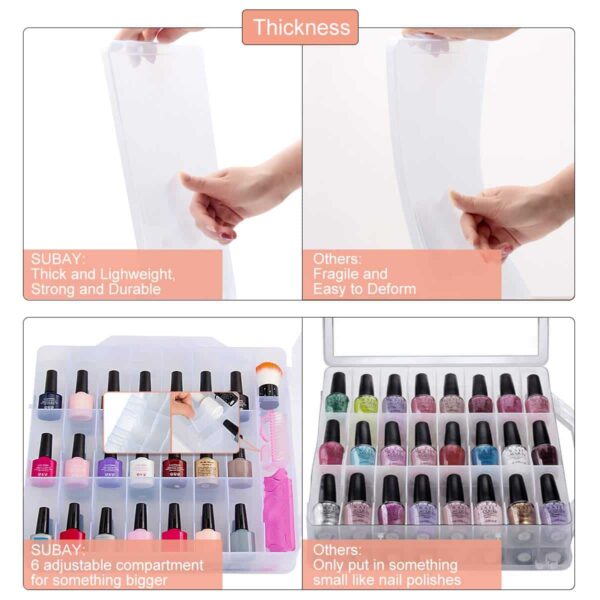 SUBAY Portable Nail Polish Organizer, Clear Double Side Nail Polish Holder,Gel Nail Storage for 48 Bottles with 6 Adjustable Dividers in Each Side Space Saver - Image 3