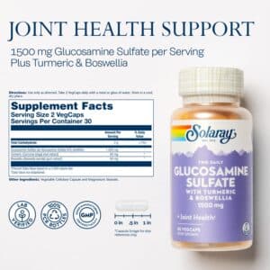 SOLARAY Glucosamine Sulfate 1500mg, Healthy Joint Support Supplement, Powerful Connective Tissue and Joint Health Formula with Turmeric & Boswellia, 60-Day Money Back Guarantee, 30 Serv, 60 VegCaps - Image 2