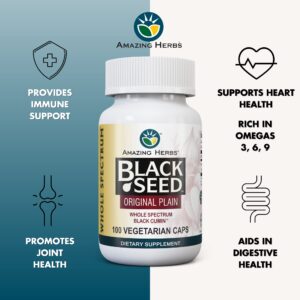 Amazing Herbs Whole Spectrum Black Seed Original Plain, Vegetarian Capsules - Gluten Free, Non GMO, Cold Pressed Nigella Sativa Aids in Digestive Health - 100 Count, 475mg - Image 2