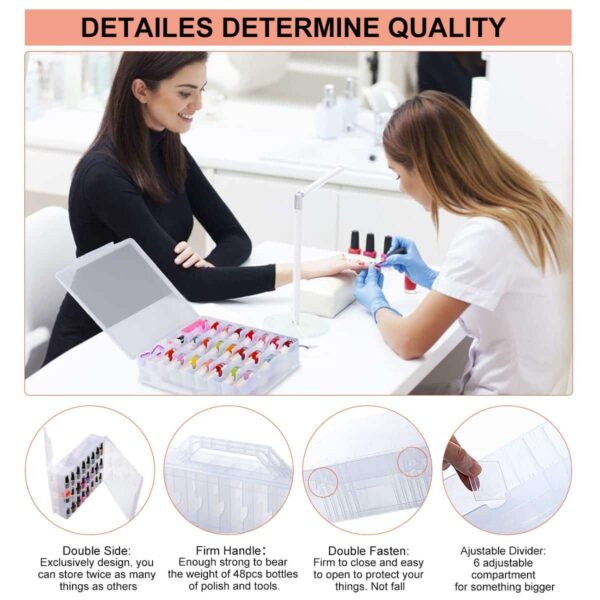SUBAY Portable Nail Polish Organizer, Clear Double Side Nail Polish Holder,Gel Nail Storage for 48 Bottles with 6 Adjustable Dividers in Each Side Space Saver - Image 6