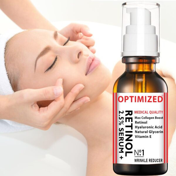 Retinol Serum 2.5% with Hyaluronic Acid, Glycerin, Vitamin E - Reduce Wrinkles, Fine Lines, Even Skin Tone, Sun Spots, Age Spots - Boost Collagen Production 1 fl oz - OPTIMIZED LAB Guaranteed - Image 7