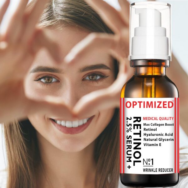 Retinol Serum 2.5% with Hyaluronic Acid, Glycerin, Vitamin E - Reduce Wrinkles, Fine Lines, Even Skin Tone, Sun Spots, Age Spots - Boost Collagen Production 1 fl oz - OPTIMIZED LAB Guaranteed - Image 2