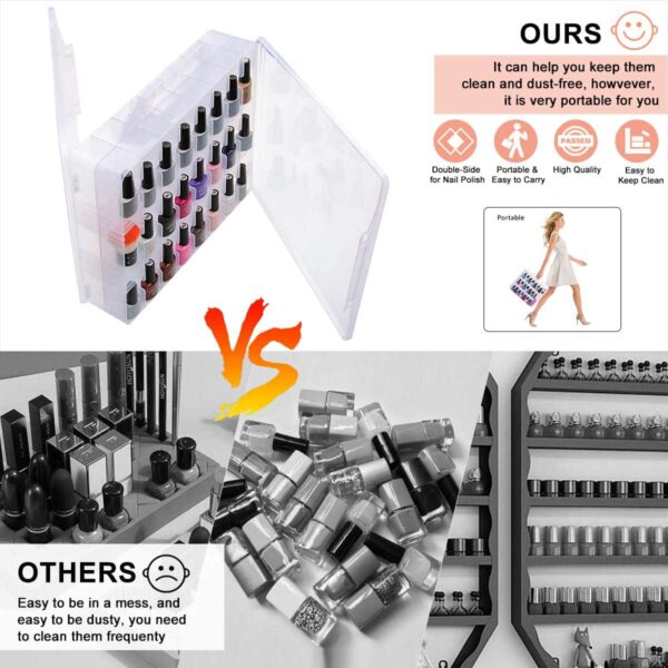 SUBAY Portable Nail Polish Organizer, Clear Double Side Nail Polish Holder,Gel Nail Storage for 48 Bottles with 6 Adjustable Dividers in Each Side Space Saver - Image 2