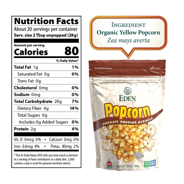 Eden Organic Yellow Popcorn Kernels, Non GMO, Superior Popping Variety, 100% Whole Grain, 20 oz (2-Pack) - Image 2
