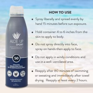 Aloe Up Sport Continuous Spray Sunscreen SPF 50 - Broad Spectrum UVA/UVB Sunscreen Protector for Face and Body - With Aloe Vera Gel - Fast Absorbing Sheer Formula - Reef Safe - Fragrance-Free - 6 Oz - Image 8