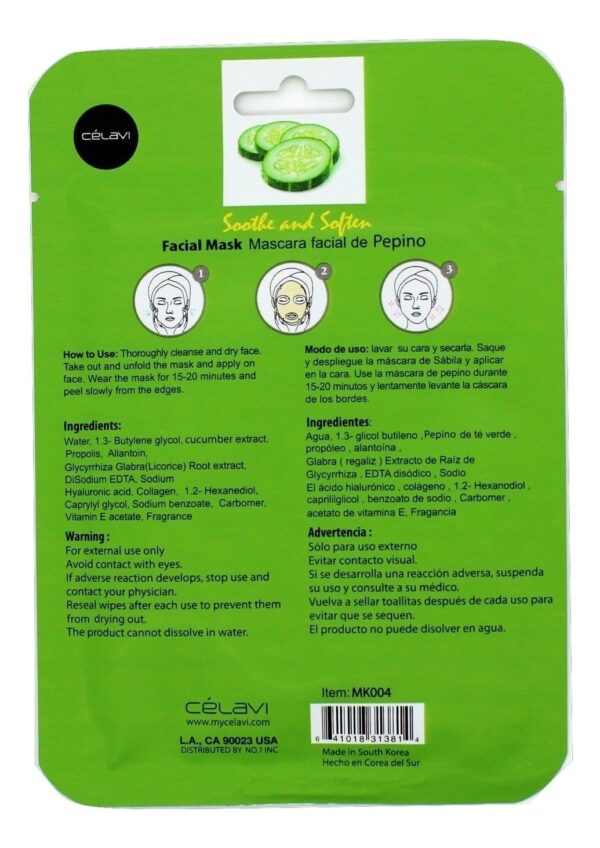 Celavi Essence Facial Mask Paper Sheet Korea Skin Care Moisturizing 12 Pack (Cucumber) - Image 2