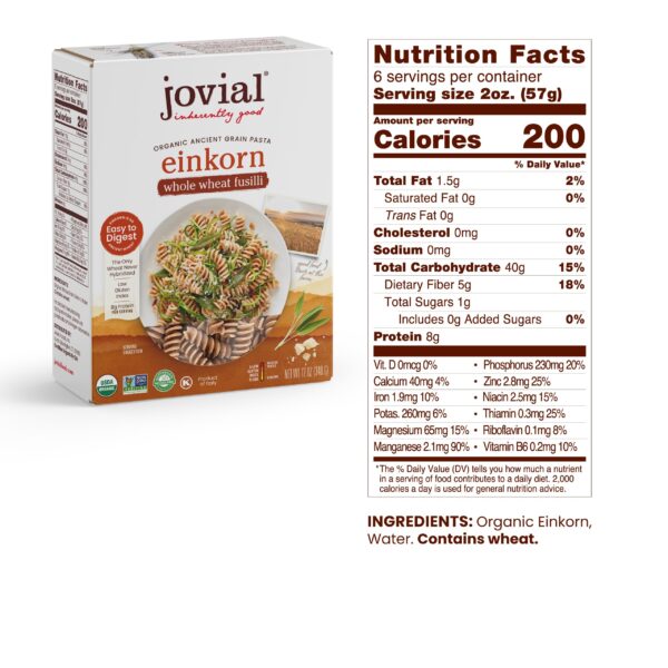 Jovial Einkorn 100% Organic Whole Wheat Fusilli - Einkorn Pasta, High Protein, Non-GMO, USDA Certified Organic, Lower Carb, Delicious Pasta Made in Italy - 12 Oz, 6 Pack - Image 2