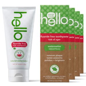 Hello Natural Watermelon Flavor Kids Fluoride Free Toothpaste, Vegan, SLS Free, Gluten Free, Safe to Swallow for Baby and Toddlers, 4.2 Ounce (Pack of 4) - Image 1